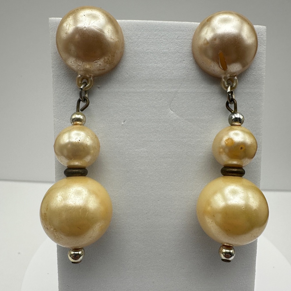 Vintage 80s Faux Pearl Drop Earrings Cream Graduated Bead Statement Dangle Retro - Picture 3 of 12